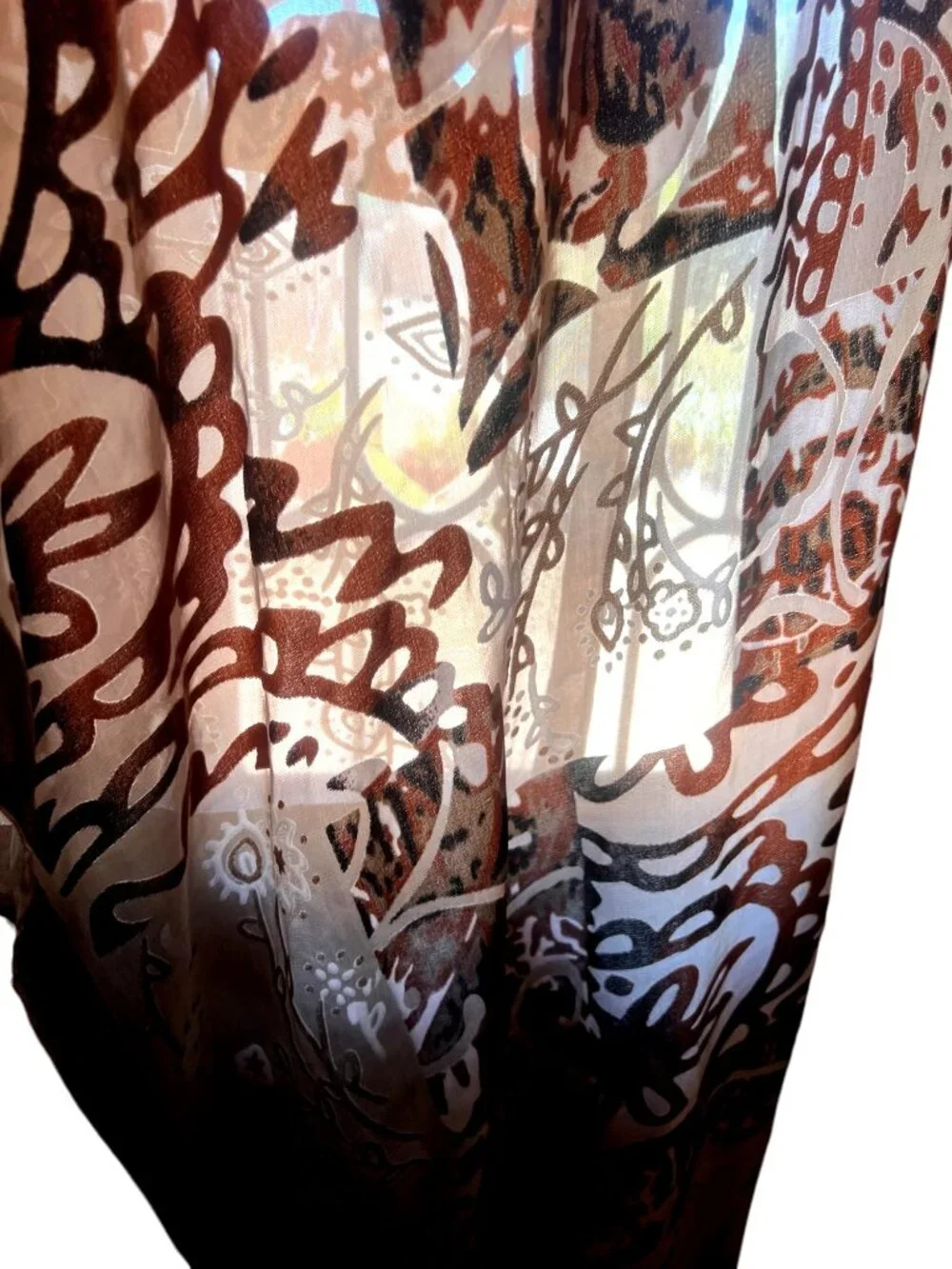 Velvet Burnout Scarf With Fringe -Brown Green Taupe Rust Cream -80